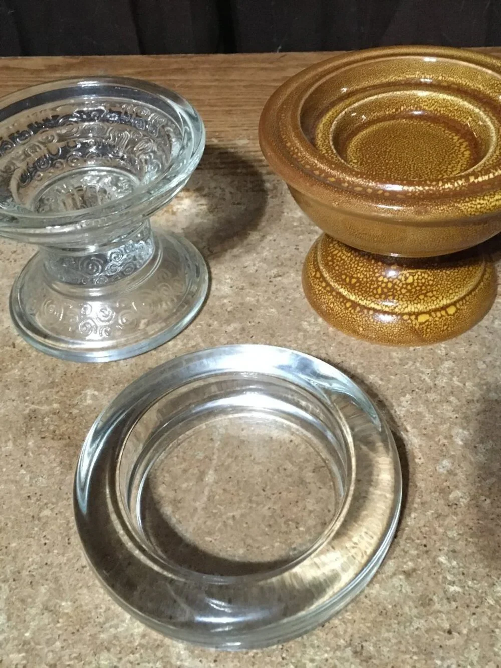 THREE CANDLE HOLDERS FOR LARGE CANDLES TWO GLASS ONE CERAMIC